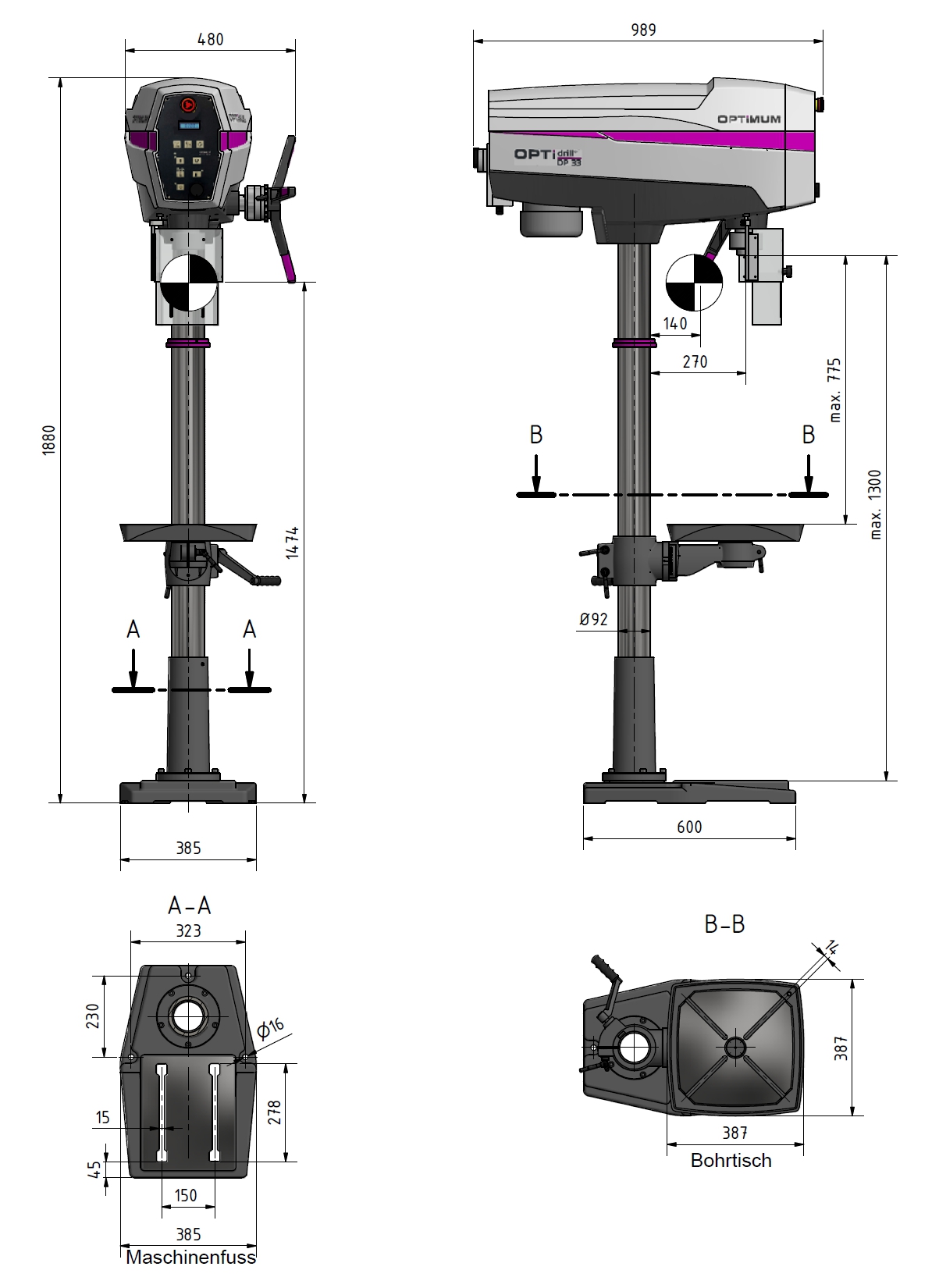 OPTIMUM Säulenbohrmaschine DP 33 V - 400 V | SET mit Schraubstock